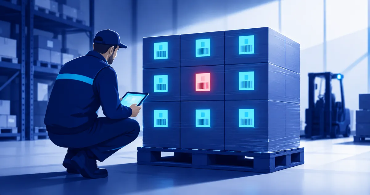 Warehouse worker spotting one faulty label on a pallet