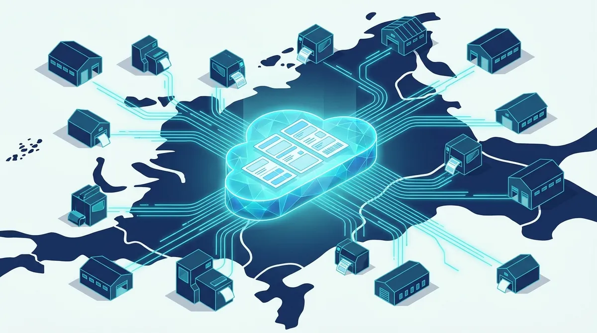 Centraal cloudplatform verbonden met meerdere vestigingen en labelprinters